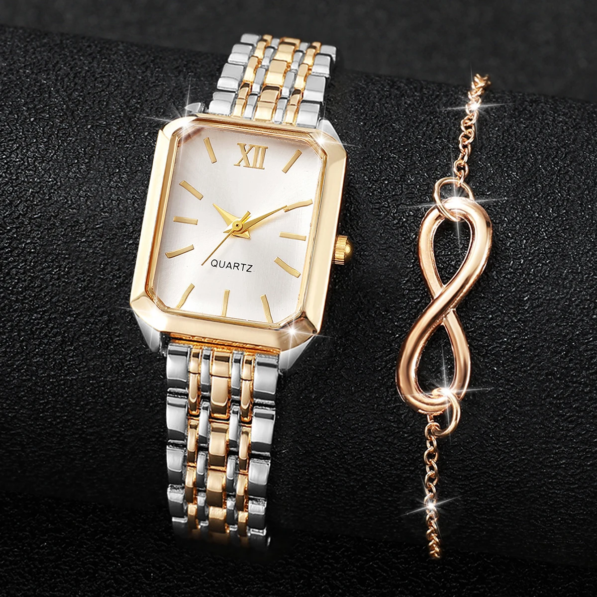2PCS/Set Fashion Rectangle Women Quartz Watch Bracelet Set Roma Dial Ladies Wristwatch Reloj Mujer Girls Clock (Without Box)