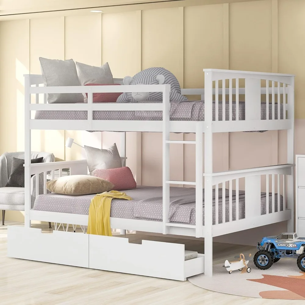 

Full Over Full Bunk Bed for Kids Adults Teens, Solid Wood Bunk Bed with 2 Drawers and Safety Guard Rail