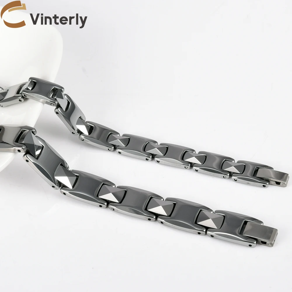 Vinterly Tungsten Carbide Bracelets Men Scratch-proof 10mm Wide Chain Link Jewelry Waterproof Silver-color Metal Shiny Polished