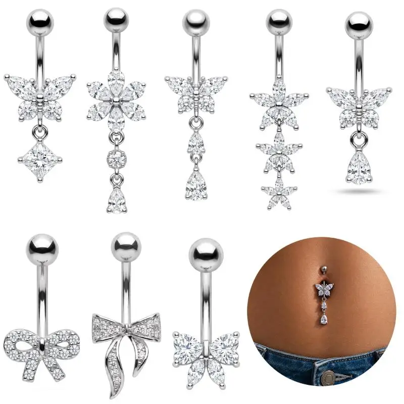 Simple Stylish 14G Stainless Steel Women Navel Ring Inlaid Copper Zirconia Versatile Piercing Jewelry for Outing & Daily Wear