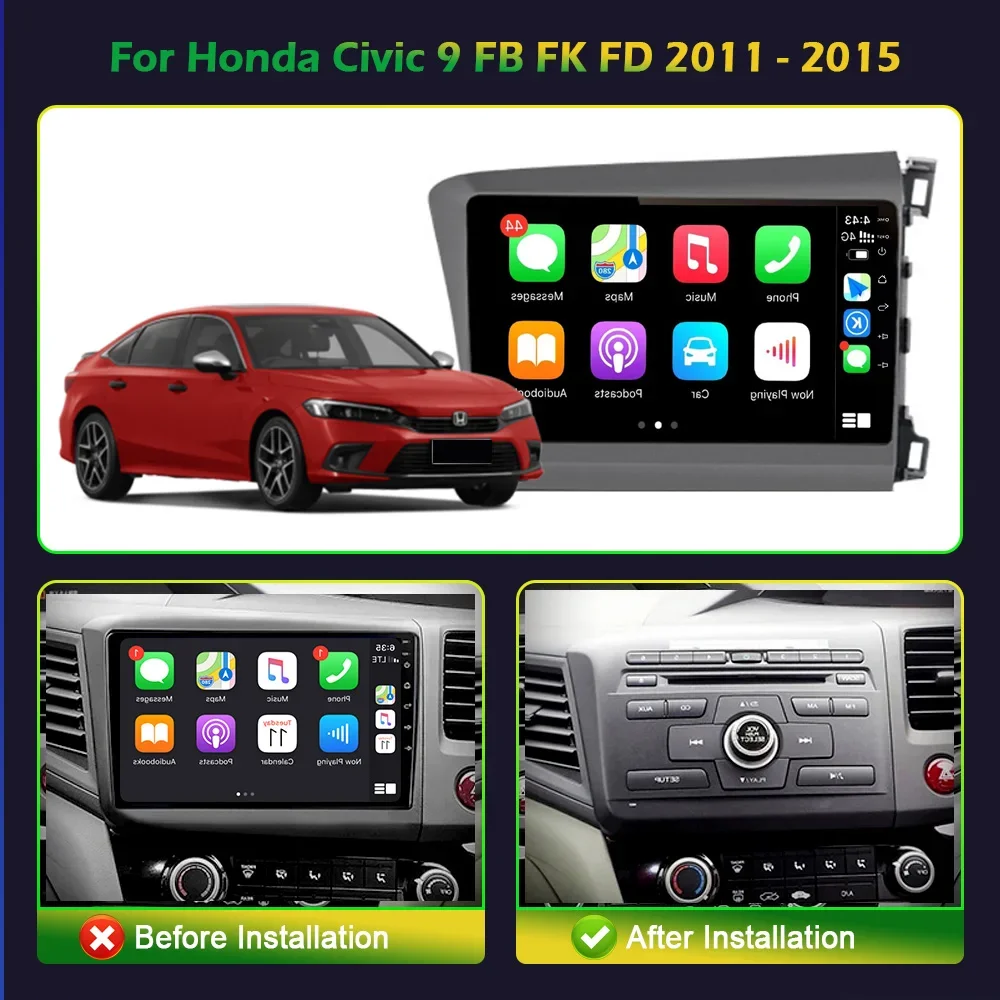 Right Rudder Car Radio Multimedia For Honda Civic 9 FB FK FD 2011-2015 Navigation Wireless Android CarPlay Screen Stereo 2Din