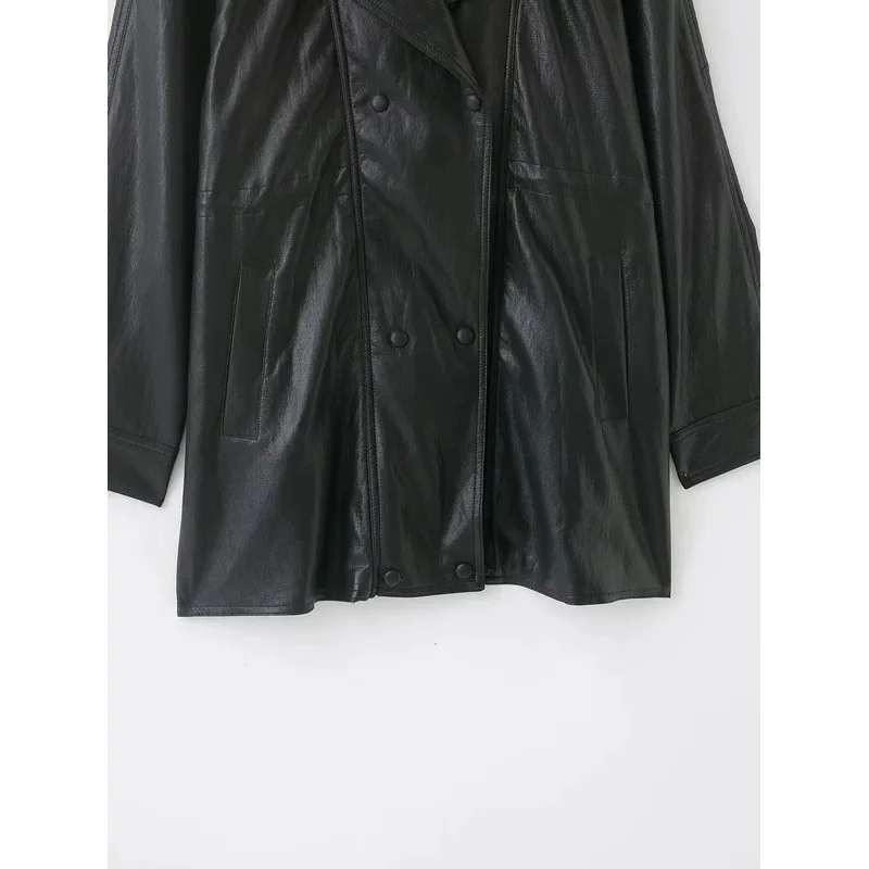 شتاء جديد أزياء المرأة الرجعية نمط المال القديم الوقوف طوق كم طويل بولي Leather سترة جلدية معطف متوسط الطول