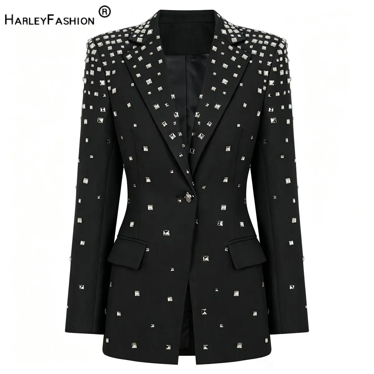 

Women Fine Workmanship Rhinestone Beaded European Style Outwear Notched Long Sleeve Single Button Lady Solid Slim Fitted Blazer