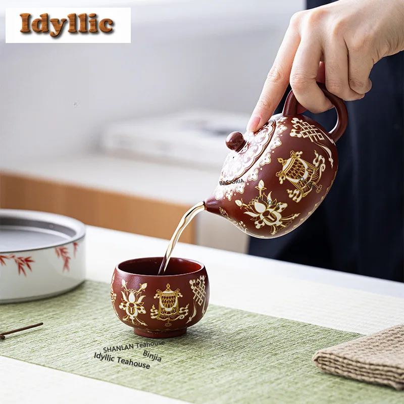 200ml Eight Treasures Purple Clay Teapot Handmade Tea Infuser Pot Tea Making Kettle with Ball Hole Drinkware Supplies Decoration