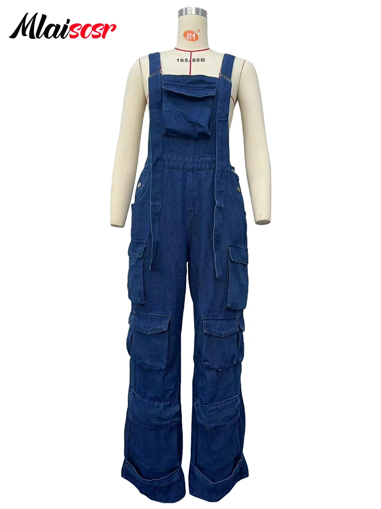 Mlaiscsr Blue Denim Jumpsuits Women Suspenders Straight Long Jeans Pants Loose Sling One Pieces Pockets Streetwear Overalls y2k