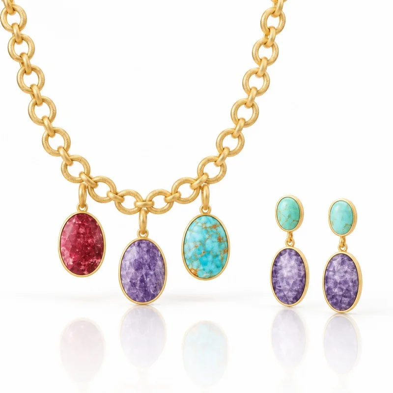 Vintage Gold Chain 3 Colors Oval Gem Pendant Necklace and Earrings Set, Red Green Purple Contrast Luxury Women Choker Jewelry Gi