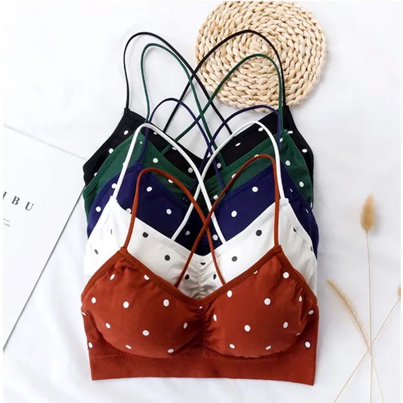 Polka Dot çapraz dikişsiz sutyen yastıkları ile kadın toplama askı hiçbir çelik yüzükler spor Yoga spor Tank Top kız iç çamaşırı