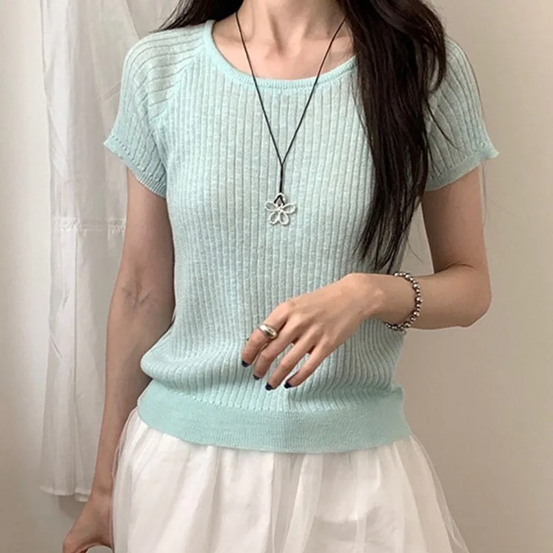 Koreanischen Stil Dünne Tops Kurzarm Gestrickte T-shirts Frauen Sommer Neue Vielseitige Casual T Shirt Zurück Aushöhlen T Shirt Femme