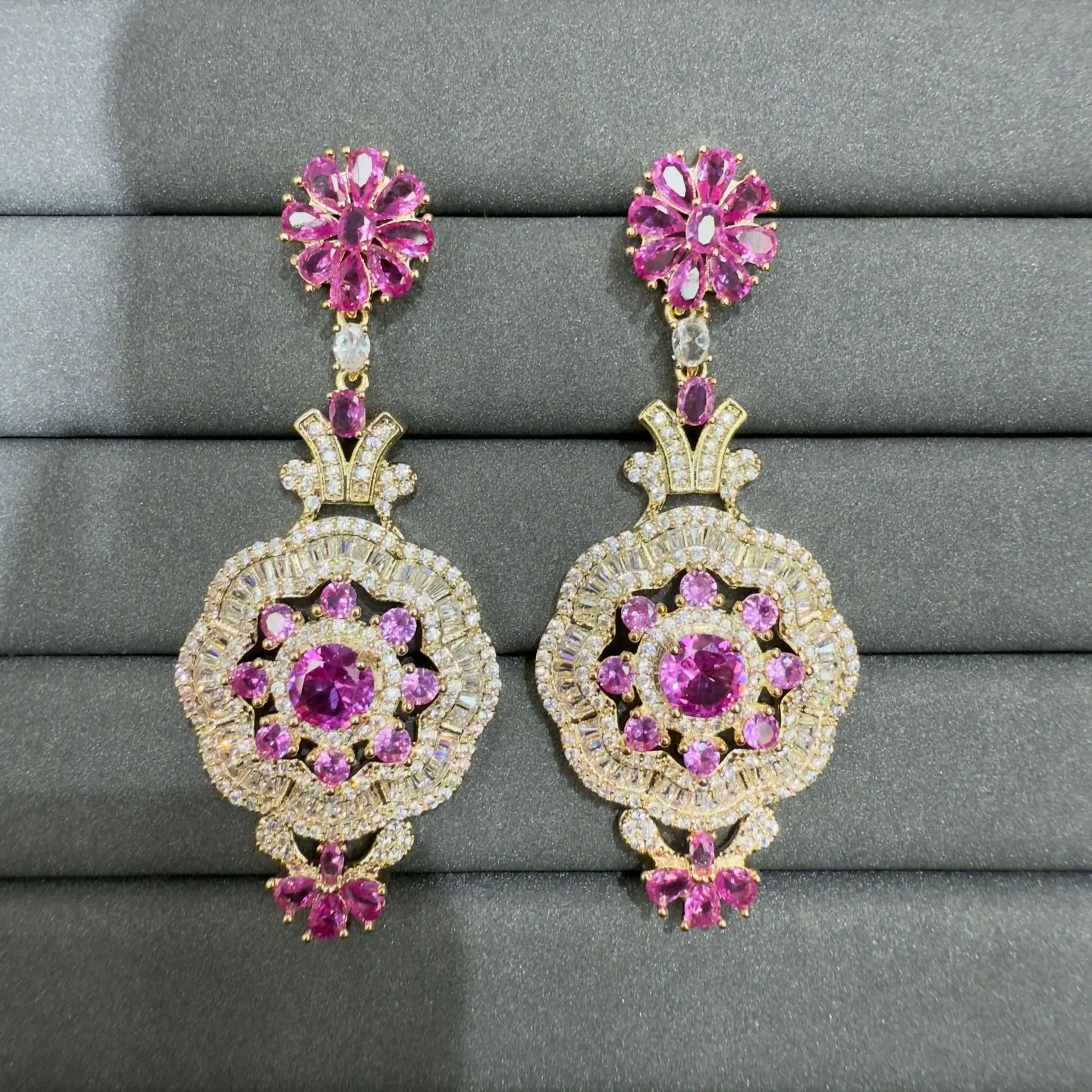 

luxury cubic zirconia necklace and earrings for women jewelry set gala event wedding dinner party pink blue green flower jewelry