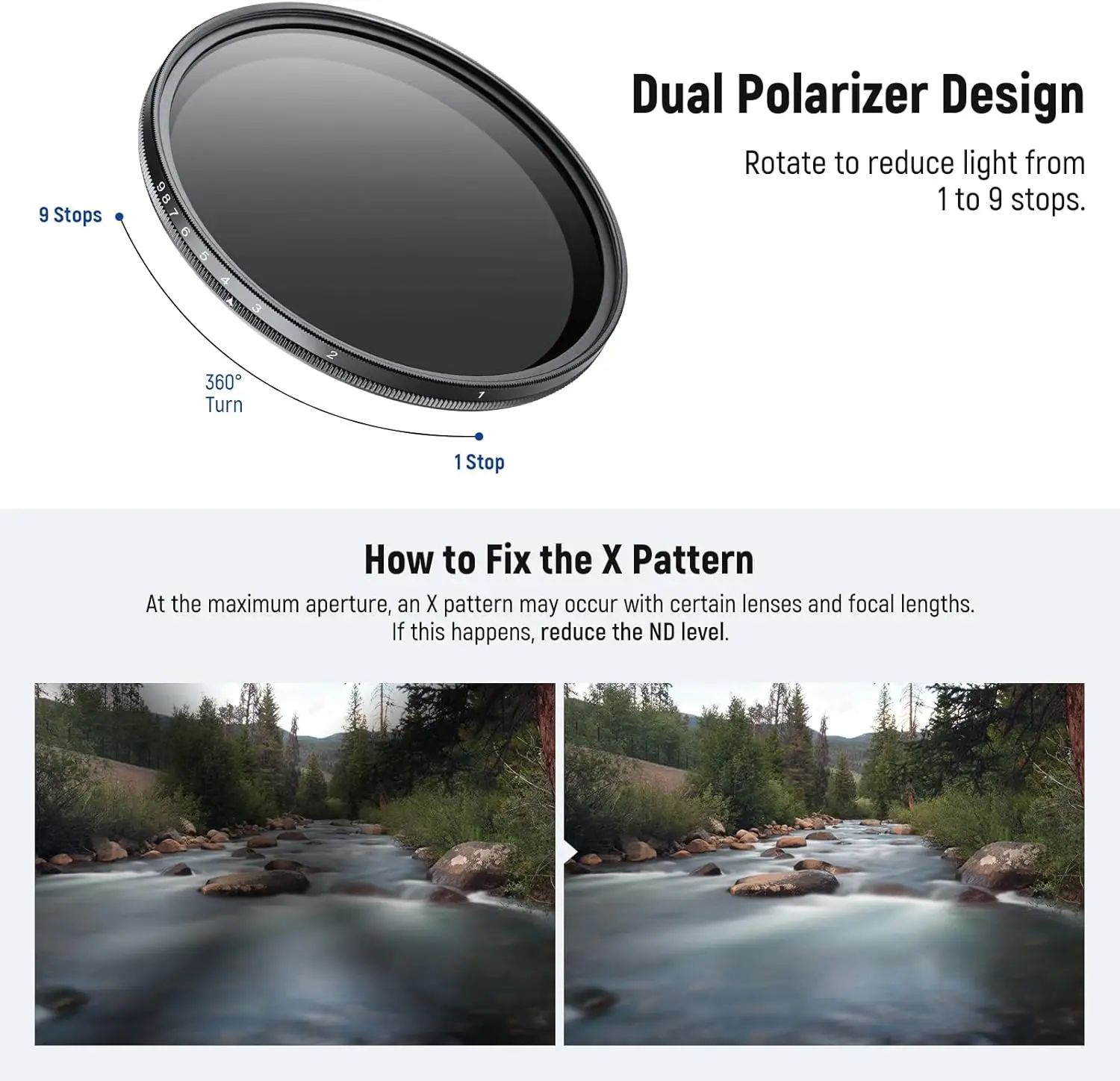 NEEWER Basics 58mm مرشح ND متغير ND2-400 1-9 توقف تخفيض الضوء للتدوير مرشح الكثافة المحايدة المتغيرة
