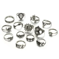 Vintage Silver Moon Star Flower Leaves Crystals Ring Band Midi Finger Ring Set Bohemia Fashion Jewelry 14PCS