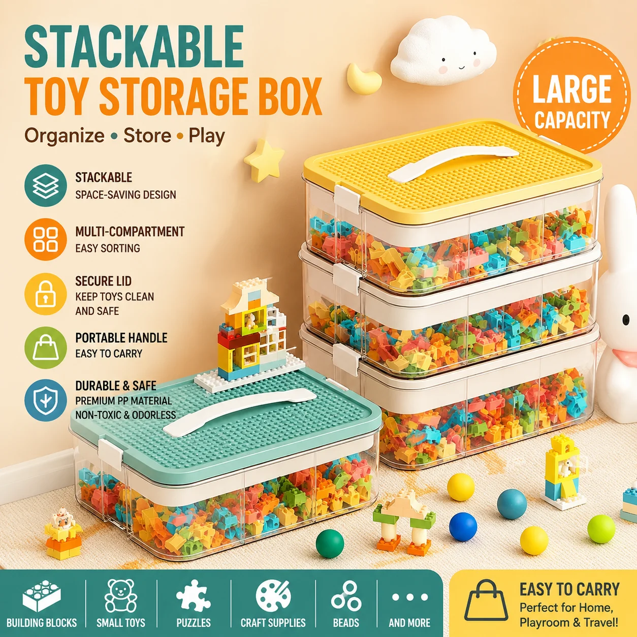 Stackable Building Block Storage Organizer, Clear Toy Storage Box  Plastic Sorting Container for LEGO Bricks Toys Craft Supplies