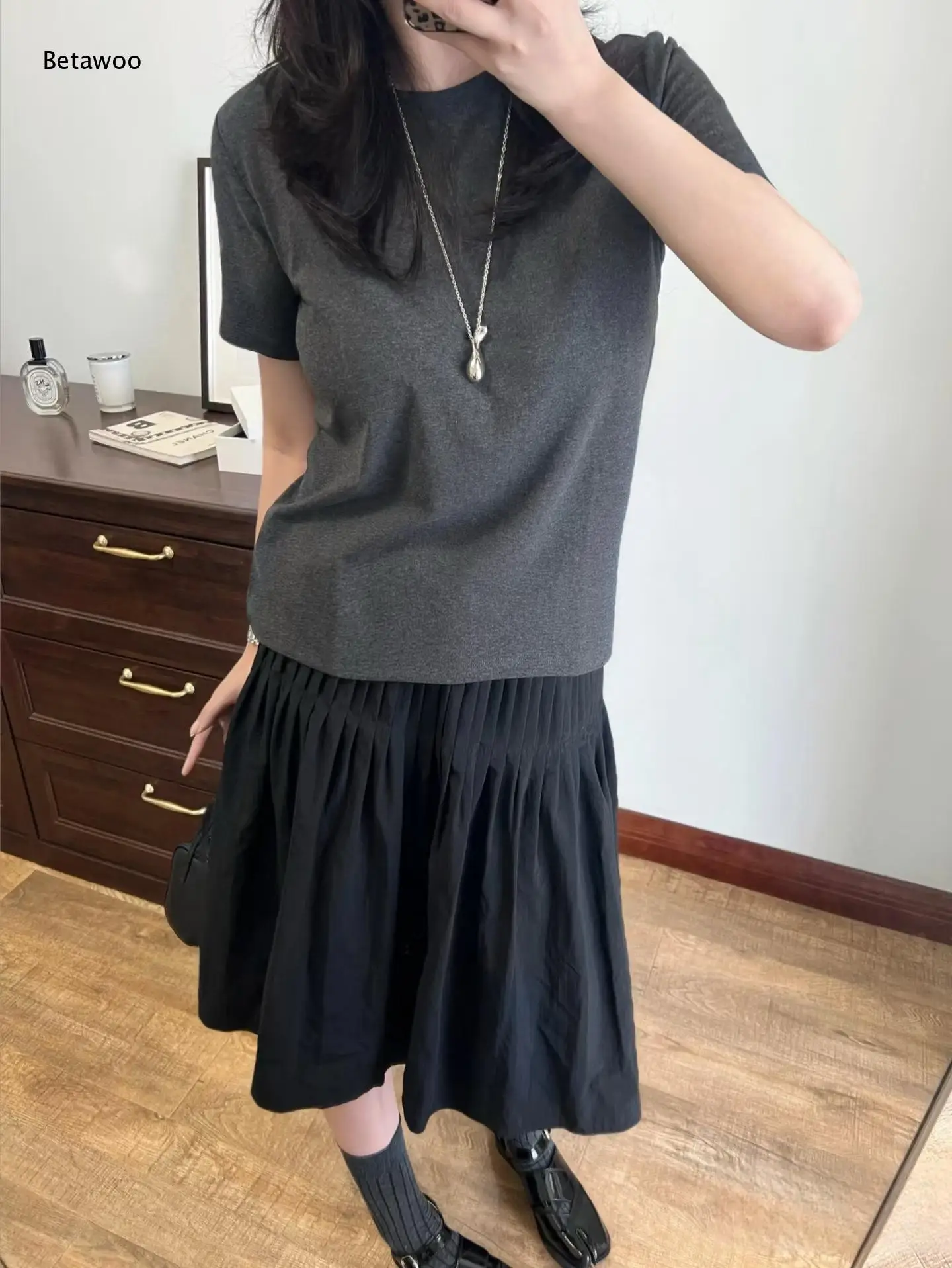 Elastic Waist Two-Tier Pleated Skirt Vertical Micro Pleat Flared A Line Swing Mid Length Skirt Casual Office Daily