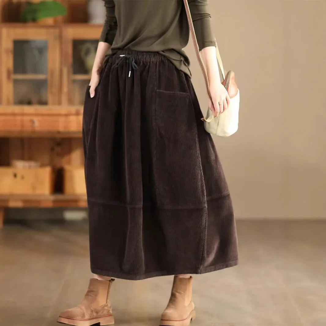 

Women's Autumn Winter Vintage Corduroy Half Length Skirt Female Elastic Waist Solid Color Japan Retro Style Dress with Pockets