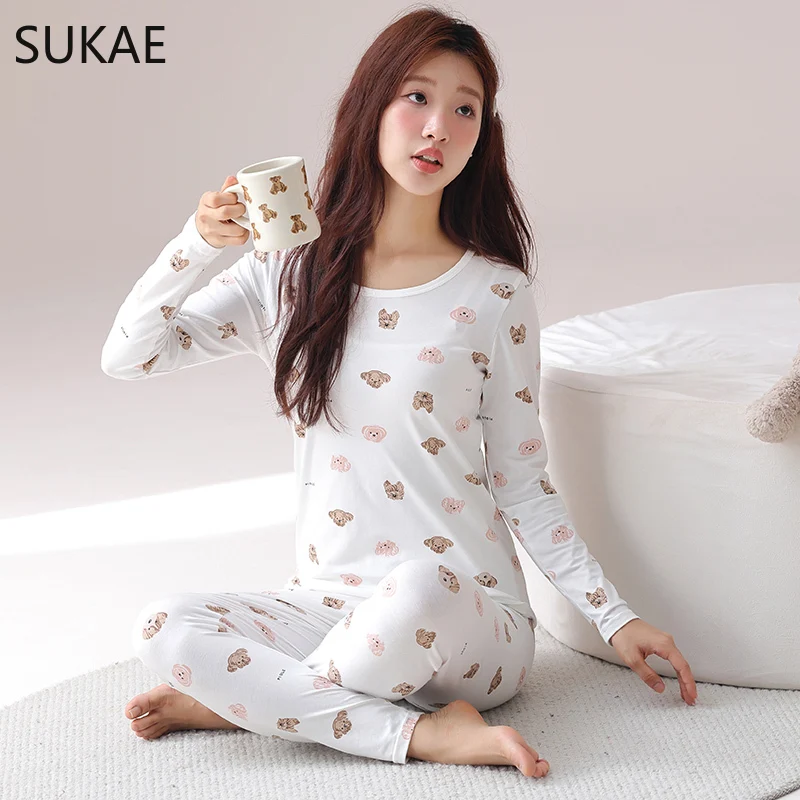 SUKAE Young Lady Sleepwear Slim Underwear Girl Autumn Spring Kawaii Faux Cotton Cartoon Pajamas Set Women Long Sleeves Nightwear