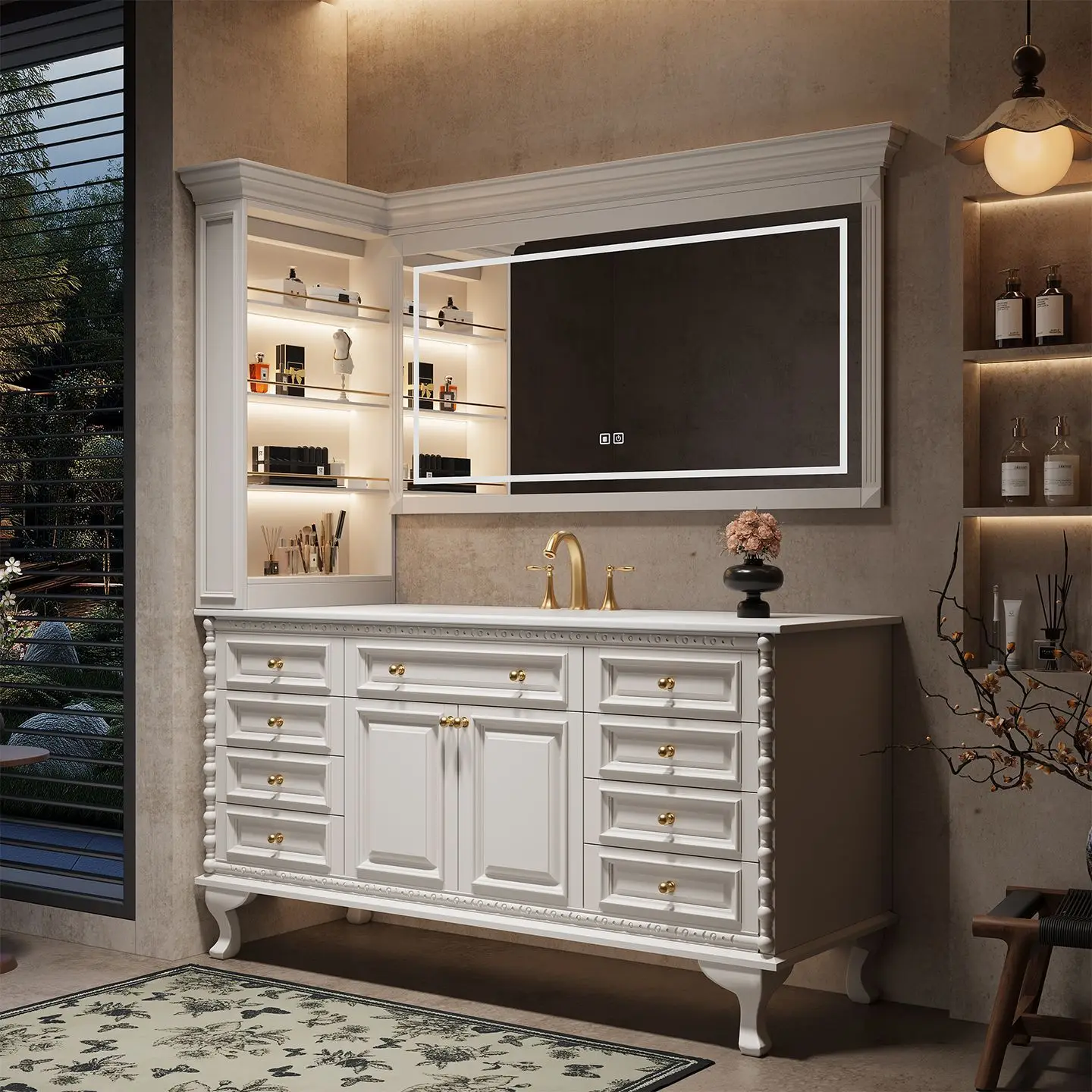 Factory Direct 2026 American medieval style bathroom cabinet combination floor-to-ceiling French retro washbasin toilet washbasi