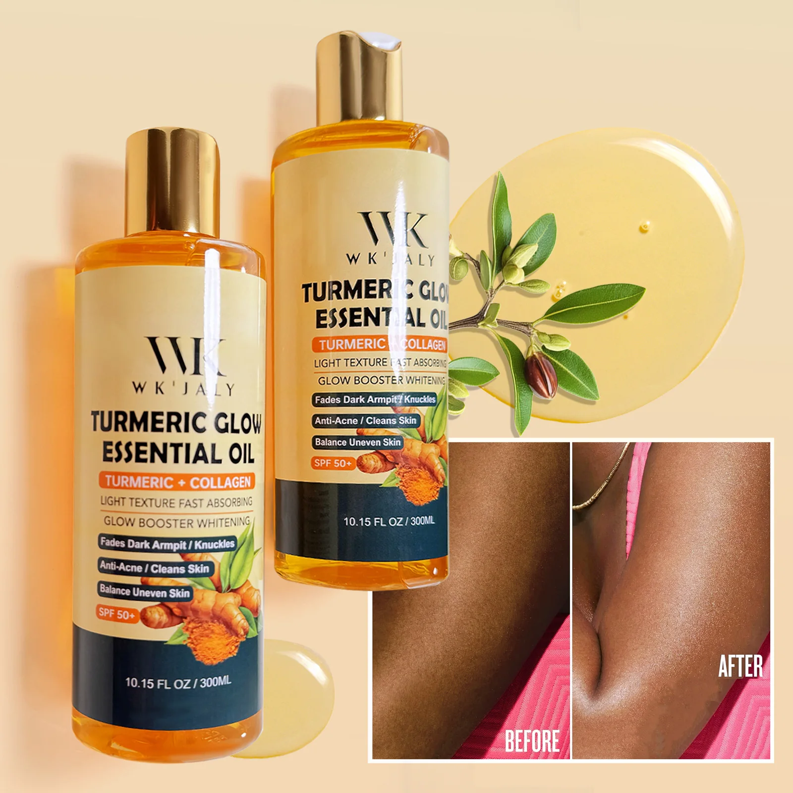WK JALY Turmeric Brightening Body Oil, Anti Acne, Fade Dark Spots,  Even Skin Tone, Moisturizing, Nourish Rough Skin, 500ml
