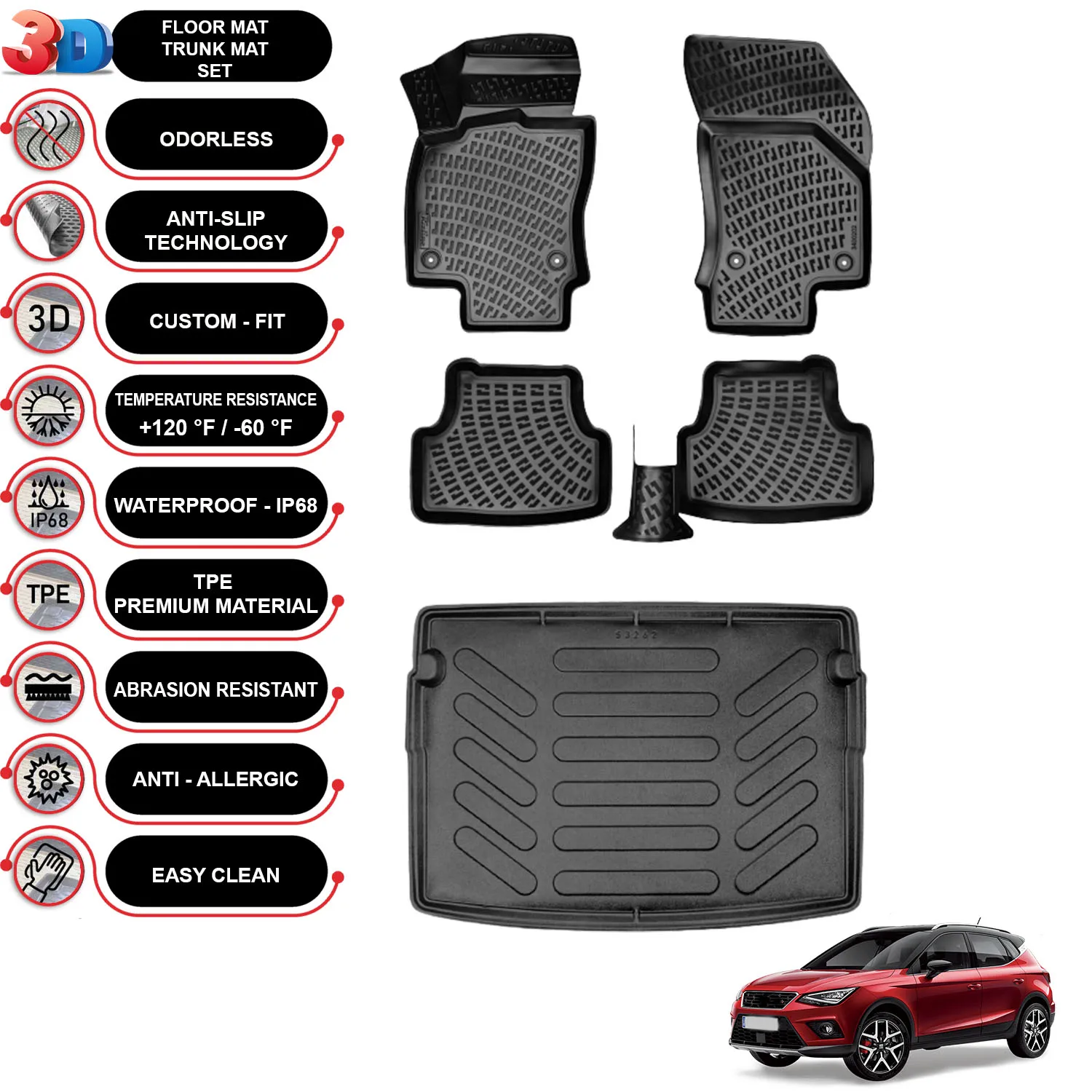 

Seat Arona - (2017-2023) - Floor Mats + Cargo Trunk Liner - SET - (Black)