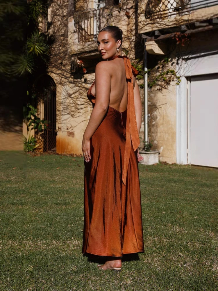 2025年夏新作 レディース セクシー ウエストマーク ネックレス スリット入り ロング ノースリーブ サテン素材 通勤 通学 バカンススタイル ワンピース