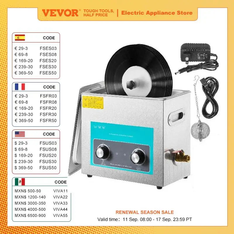 VEVOR 6L Limpiador Ultrasónico de Discos de Vinilo con Perilla, Mini Lavadora Portátil, Ultrasonido, Lavavajillas, Lentes de Contacto, Joyería Dental