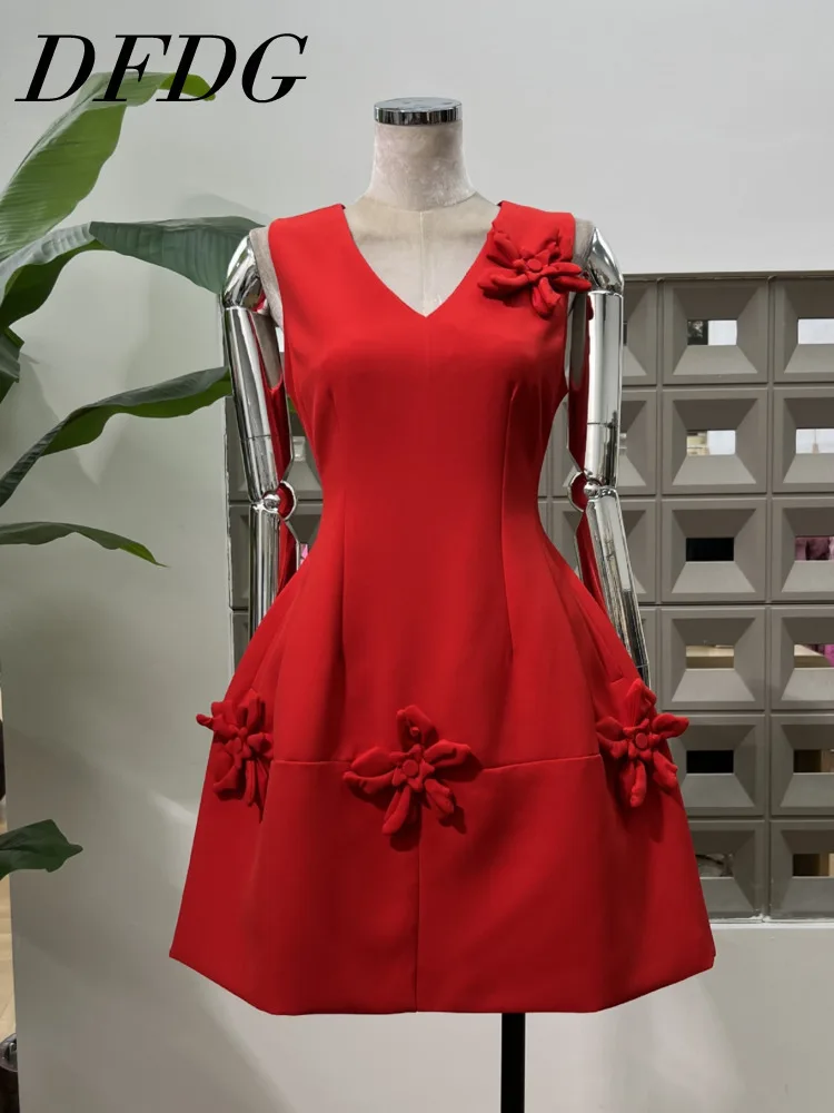 

DFDG 2025 Women’s Vintage 3D V-Neck Sleeveless Dress With Handmade Floral Detail Elegant Lightweight Spring Summer Outfit