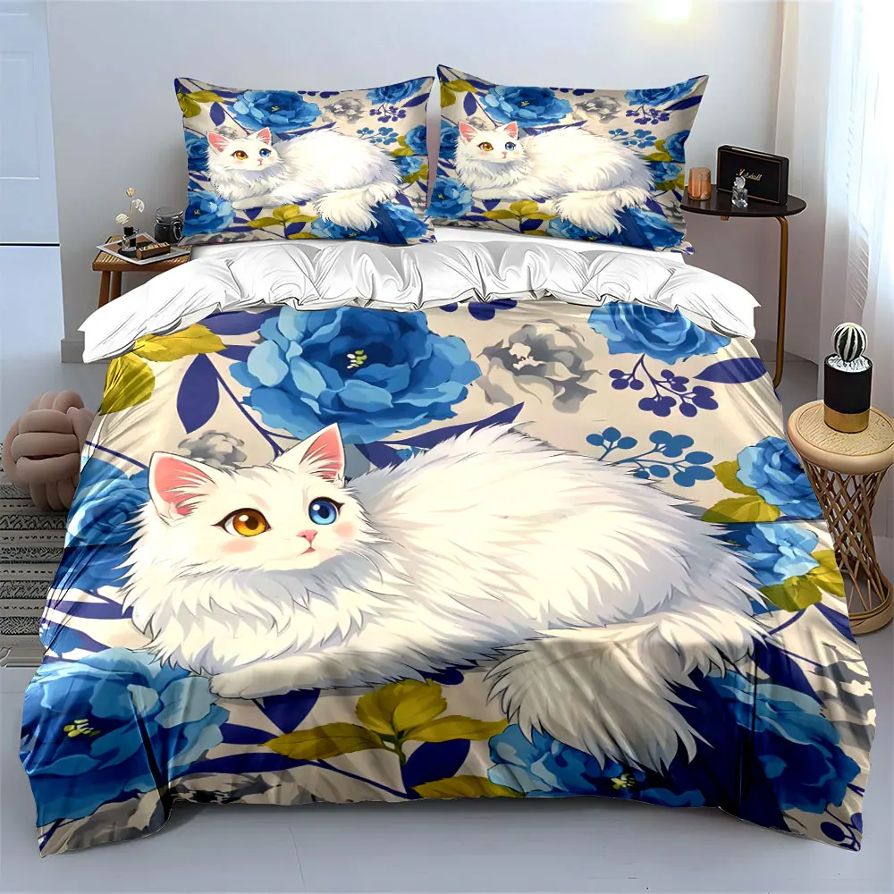 

"Floral Cat Design Home Set" Bedding Set with 1 Duvet Cover 2 Pillowcases Single Double King Queen, Gift
