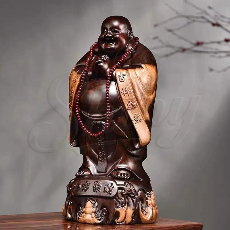 Ebony Wood Carving Maitreya Buddha Statue Ornaments Eight Parties Gather Wealth Smiling Buddha Attract Wealth Mahogany Crafts