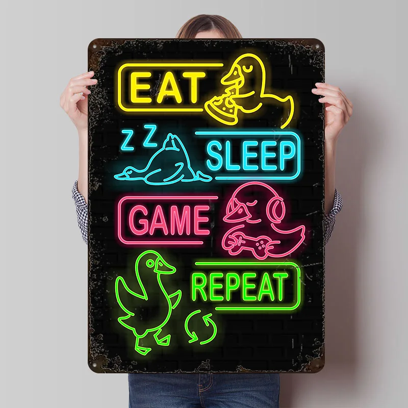 Eat Sleep Game Repeat Neon Ducks Tinplate Poster Customized Wall Art Vintage Metal Signs Retro Tin Plaque for Decoration Garage