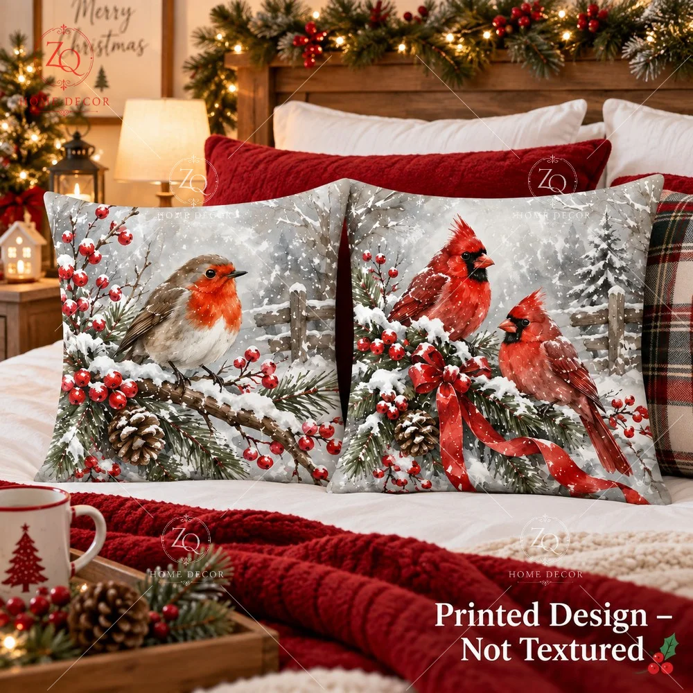Christmas Cardinal Pillow Cover Peach Skin 2D Flat Printed Xmas Cushion Case Winter Robin Bird Throw Pillowcase Sofa Couch Decor