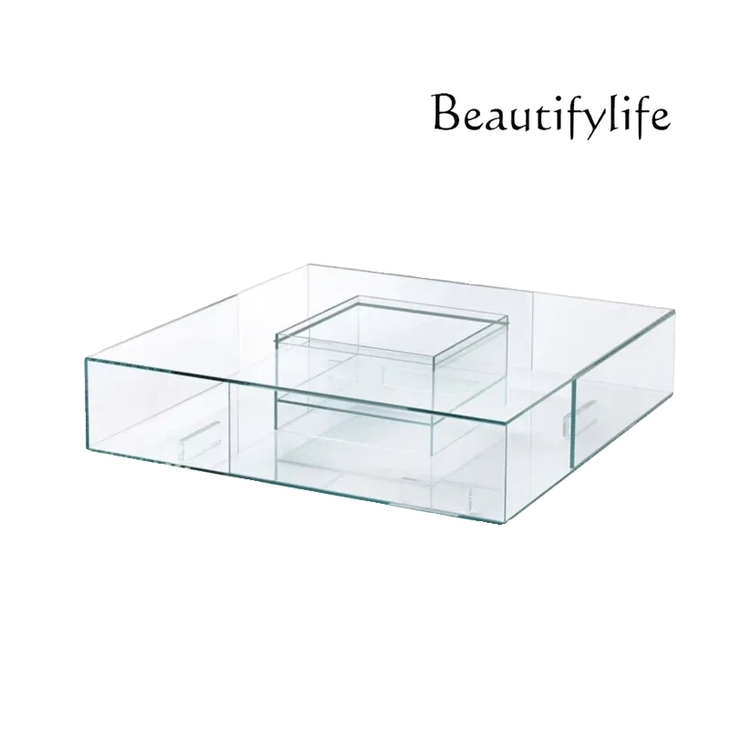 Designer creative transparent flame tempered glass coffee table living room Italian minimalist square low table