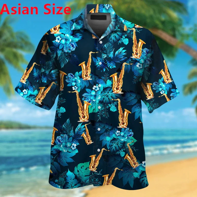 Musical Instruments Saxophone Printed Hawaiian Shirt For Men Short Sleeve Casual Button Beach Shirt Blouse Mens Vacation Shirt