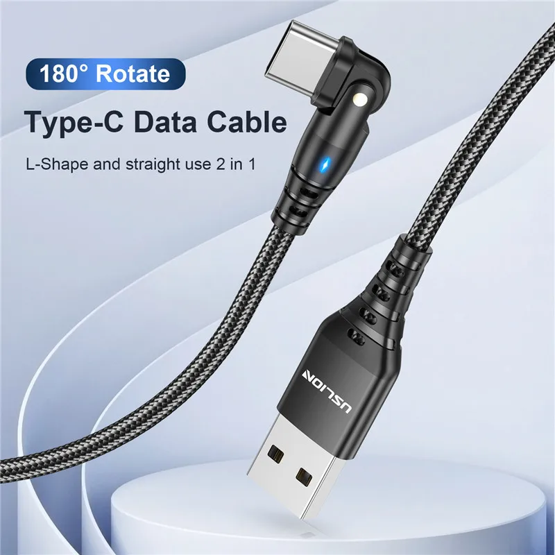 USLION 180 Rotate USB Type C Fast Charging Cable 3A Mobile Phone Data Cord For Huawei Samsung Micro USB-C Cable For Xiaomi