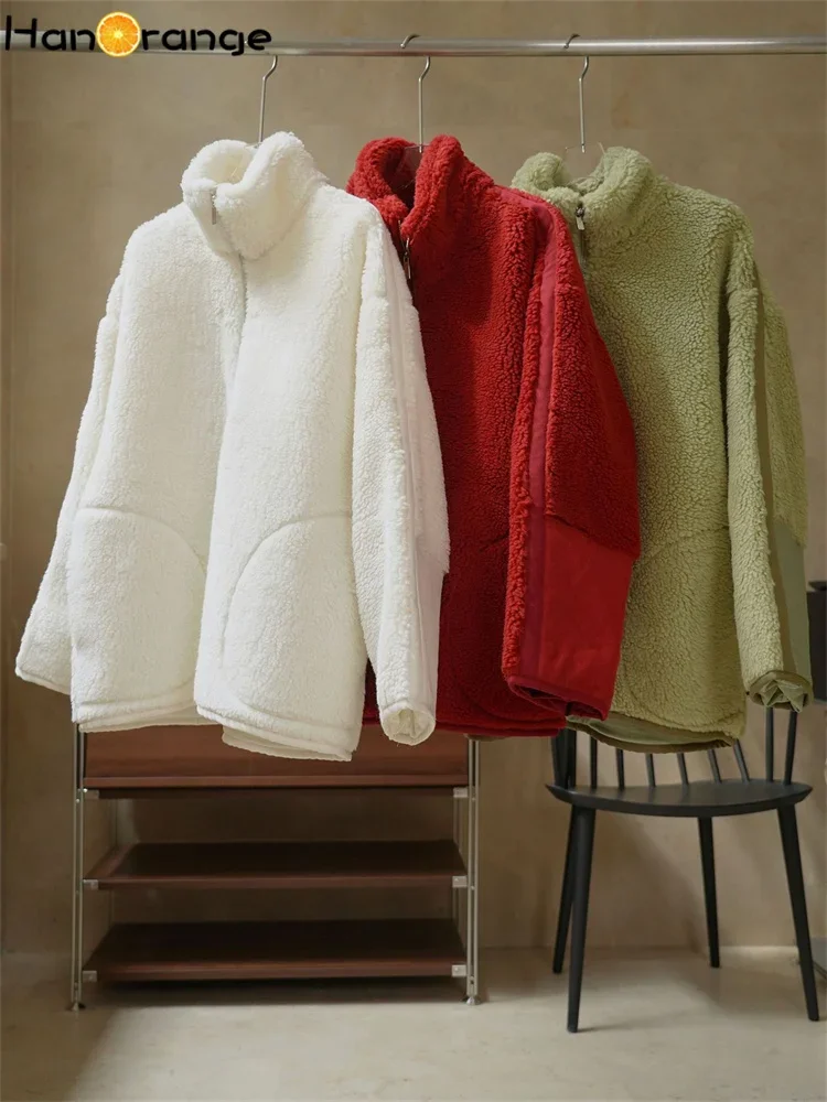 HanOrange 2024 Winter Lazy Turtleneck Zipper Lambswool Sweatshirt Women Soft Glutinous Warm Coat Female White/Red/Green