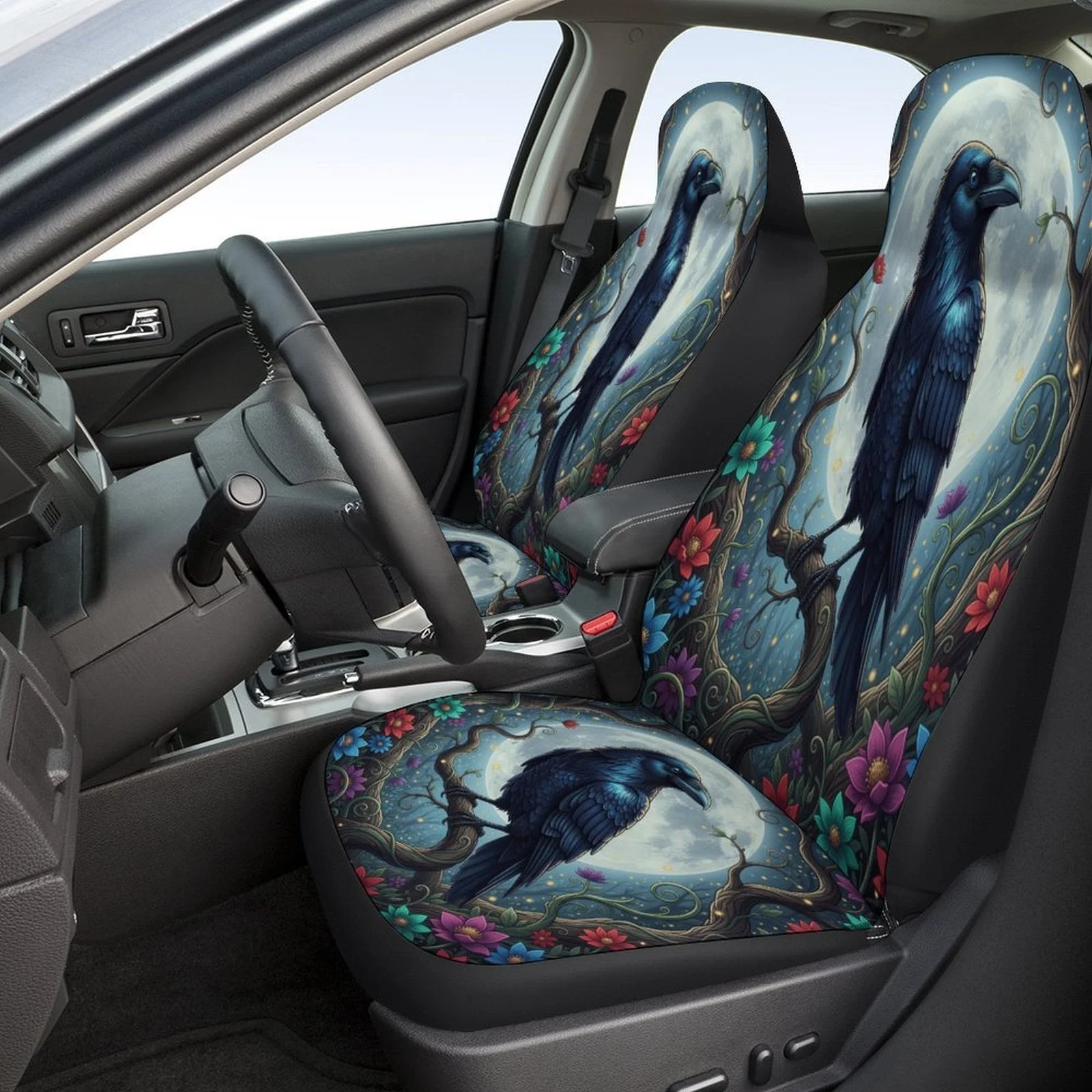 Set Of Car Seat Covers Featuring A Moonlit Raven Grove Design, Suitable For Various Vehicles. Stylish And Breathable, These Deco