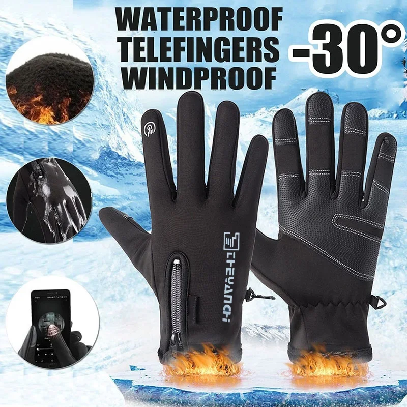 1 Paar Winterhandschuhe für Herren, Touchscreen, rutschfest, Unisex, wasserdicht, winddicht, warm, Radfahren, kalte Handschuhe, modische Sporthandschuhe mit Reißverschluss