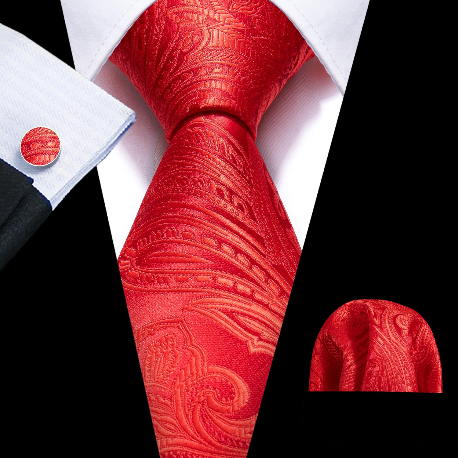 Fashion Silk Men Tie Set Red Burgundy Solid Paisley Striped Plaid Floral Necktie Handkerchief Cufflinks Wedding Business