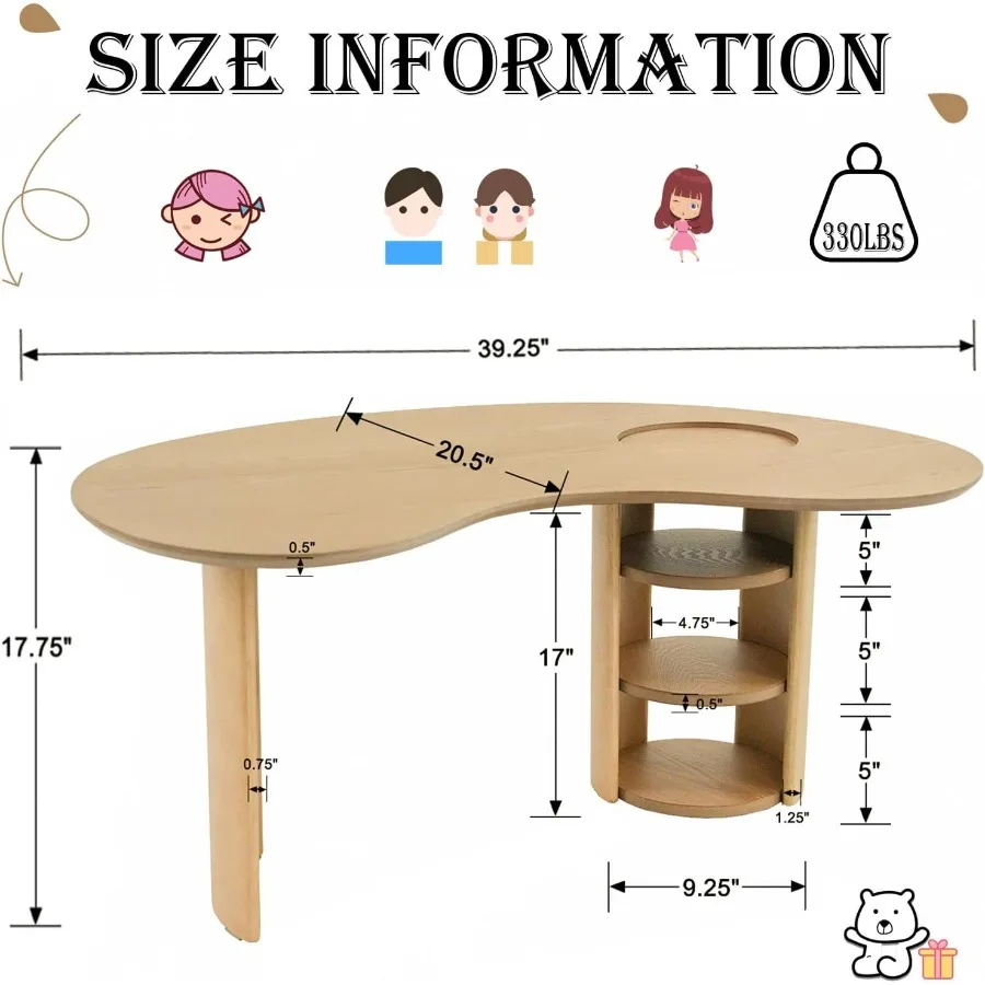 طاولة نصف قمر للأعمار من 3 إلى 8 سنوات، مكتب أنشطة خشبي مع مساحة تخزين للفصول الدراسية لمرحلة ما قبل المدرسة، طاولة لعب على شكل كلى للأطفال الصغار 29 وات