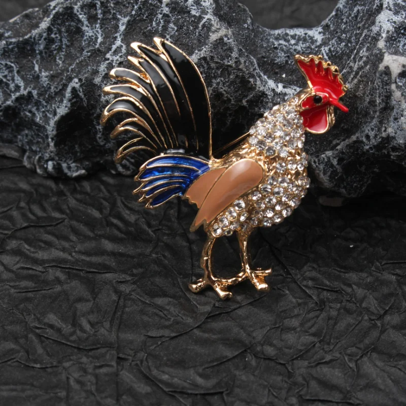 Vibrant Rooster Brooch, Enamel & Crystal Whimsical Statement Fashion Accessory