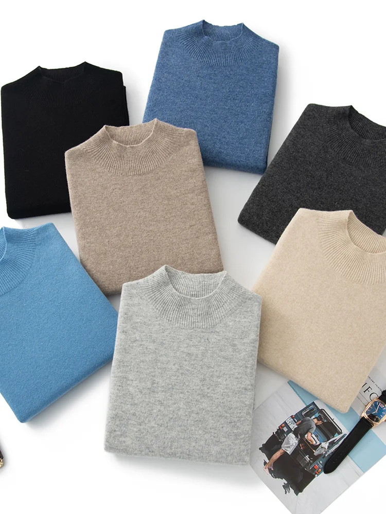 

Мужской свитер из 100% мериносовой шерсти с воротником-стойкой, бесшовный базовый пуловер для весны и лета, повседневный однотонный трикотажный топ с короткими рукавами