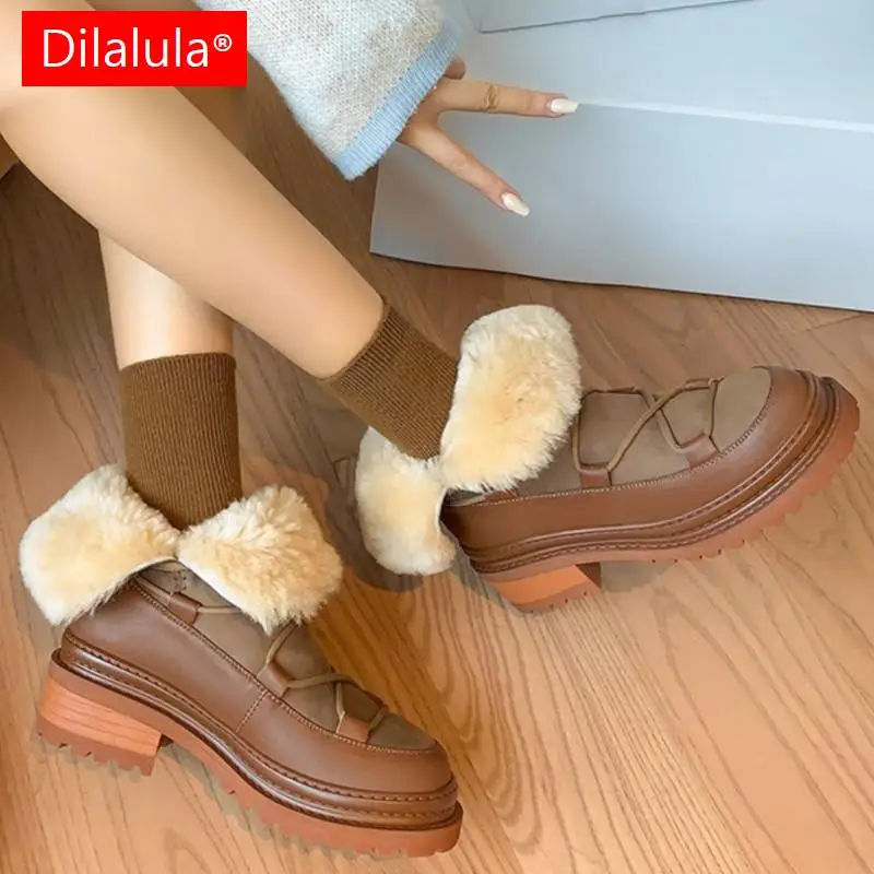 Dilalula Winter Warm Wool Women Ankle Boots Genuine Leather Fashion Cross-Tied Snow Boots Casual Outdoor Thick Heels Shoes Woman