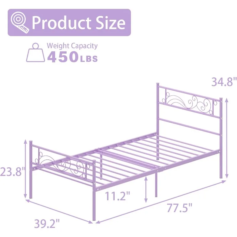 

Twin Bed Frame with Headboard, Princess Bed Metal Platform No Box Spring Needed,Heavy Duty Steel Slats Support Under,Purple