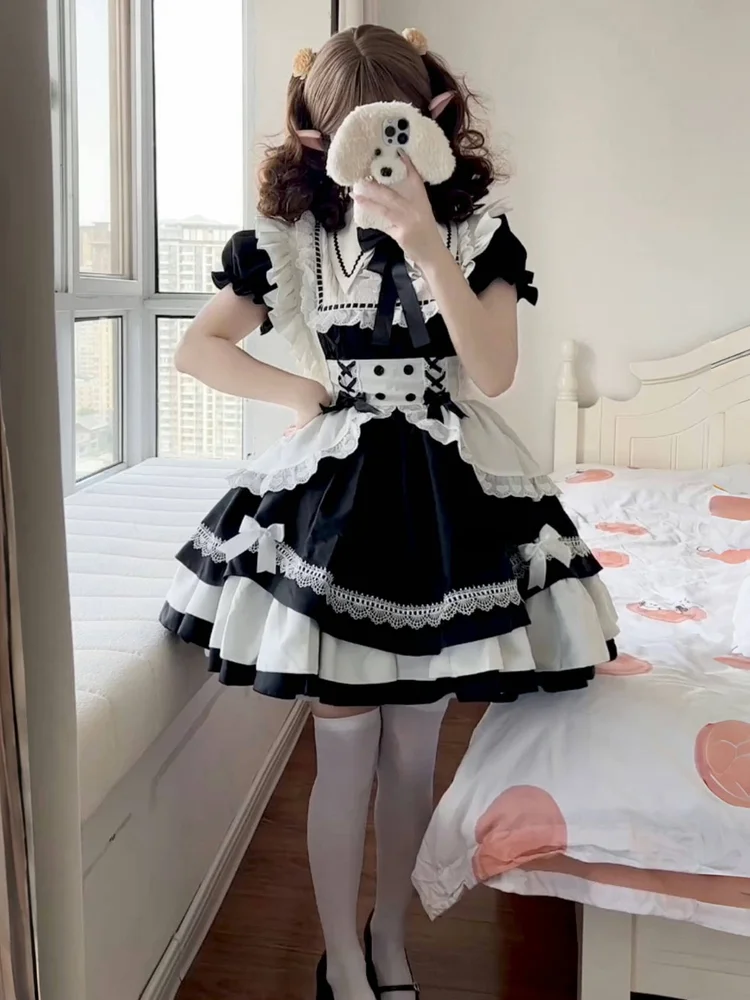 

Японское платье Лолиты Sweet Op, повседневное легкое платье Лолиты, черно-белое платье горничной, кавайное платье Лоли для чаепития