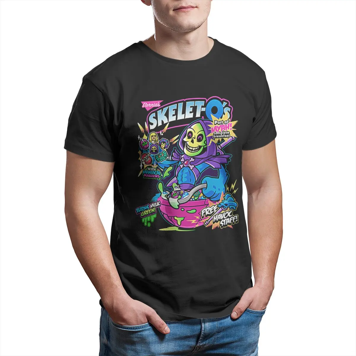 Skelet O's Breakfast cereal cartoon vintage cereal killer Men He-Man and the Masters of the Universe Skeletor 100% Cotton Tee