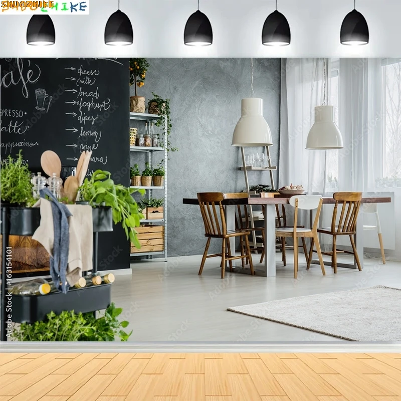 

Colorful Chairs Wooden Table With Flowers Photography Backdrops Dining Room Family Stylish Kitchen Photo Studio Background DF-01