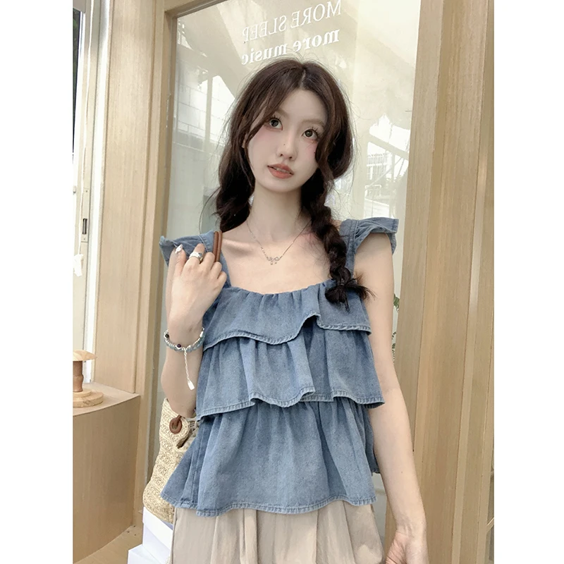 

Irregular Ruffled Flying Sleeve Denim Tops Women Summer Halter Shirt Design Sense Sleeveless Versatile Camis Female