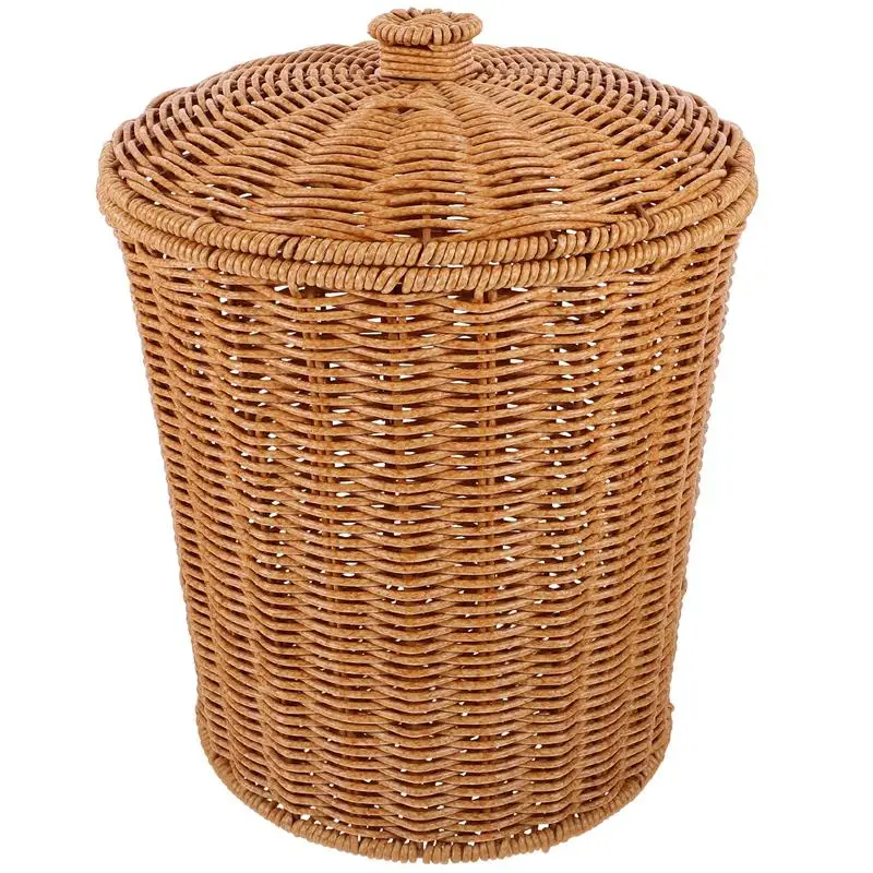 

Multi-function Round Rattan trash can storage basket Laundry Clothes Hamper Wicker Waste Basket Plastic Wastebasket for Bedroom