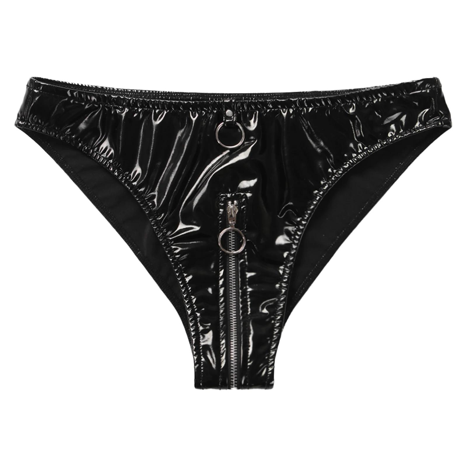 Womens Erotic Hot Sexy O Ring Zipper Crotch Briefs Low Waist Wet Look Patent Leather Panties Sexy Porn Underwear Underpants