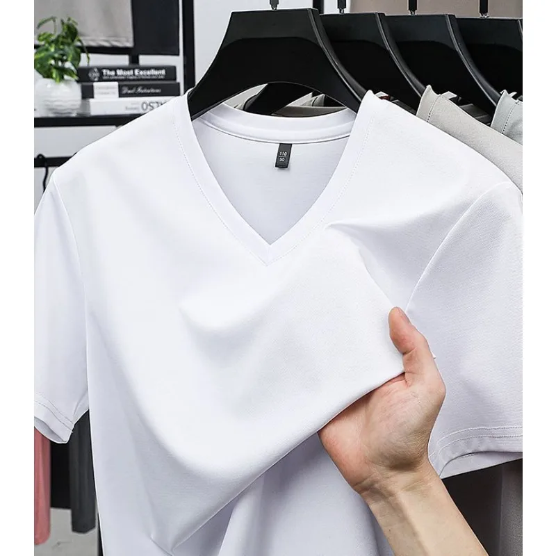 Herren Premium Maulbeerseide V-Ausschnitt Kurzarm T-Shirt Sommer Dünn Atmungsaktiv Einfarbig Basis-Layer-Oberteil