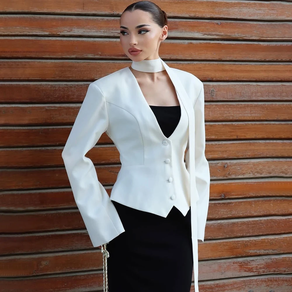 2025 Nuovo scollo a V Sciarpa Giacca sportiva da donna Elegante vita stretta monopetto Cappotto a maniche lunghe Donna Casual Slim Blazer