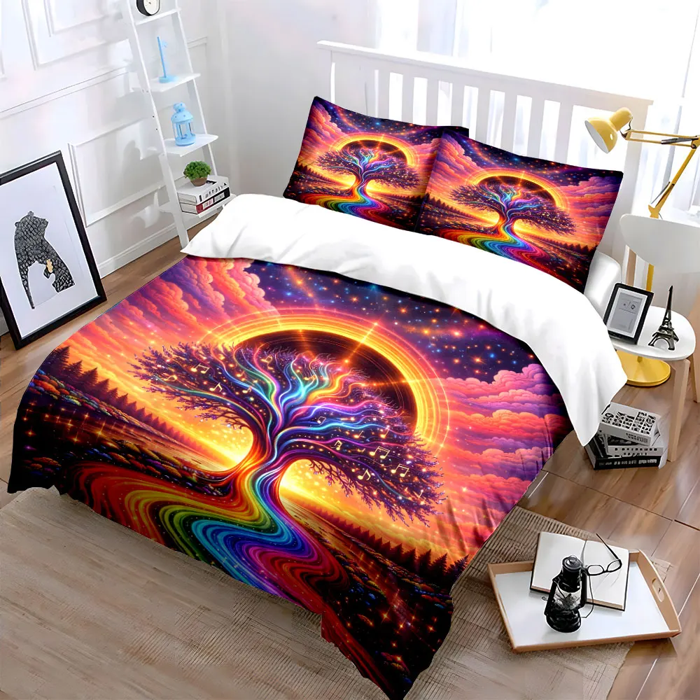 Rainbow Tree and Dreamy Night Sky Print Bedding Set 1 Duvet Cover 2 Pillowcases for Adult and Children Luxury Gift Full Size